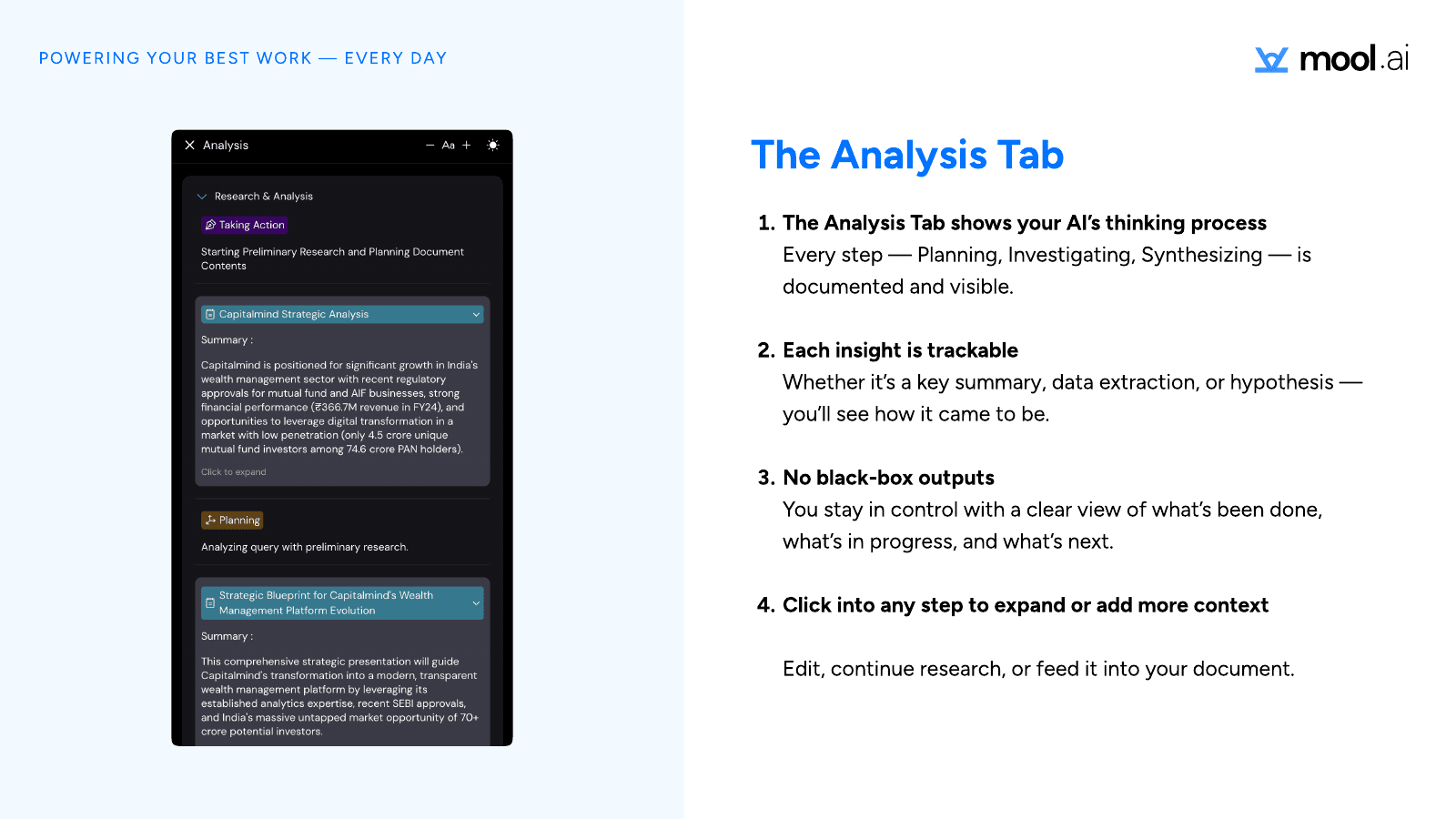 Mool.ai Analysis tab walkthrough slide