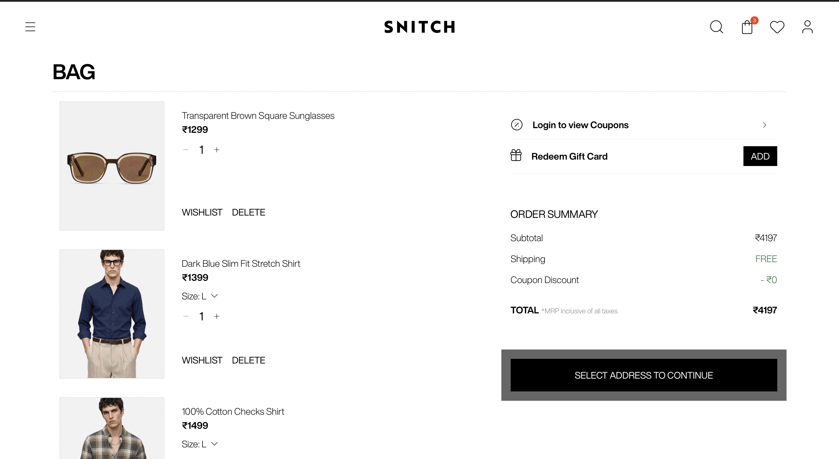 Snitch shopping bag page with products and order summary